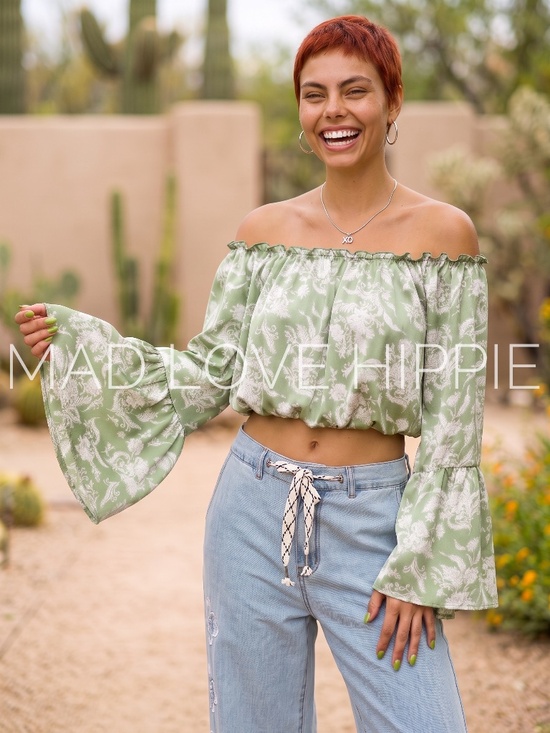 Peach Love California Tops - Peach Love Sage Green Floral Crop Top | Satin Off Shoulder Bubble Bell Sleeve
